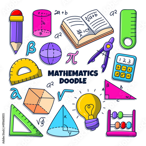 Mathematics doodle illustration with colored hand drawn style