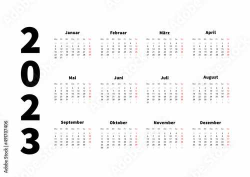 2023 year simple horizontal calendar in german language, typographic calendar on white