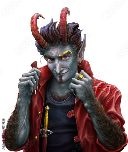 Fantasy satyr in a red leather jacket turns up his collar. Halloween character grins. Original concept art of creepy demon. Wily hobgoblin with a steep horns and grey skin. Detailed digital painting