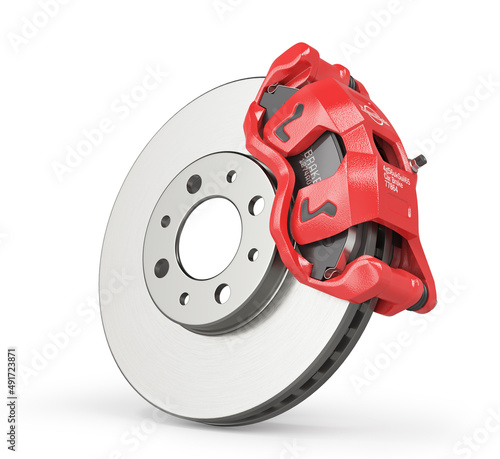 Car brake disk with red caliper. Car brake on a white background. 3d illustration