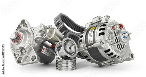 Electrical car devices. Car alternator, starter and belt isolated on white background. 3d illustration