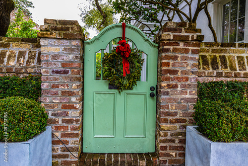 Wooden Gate With Christmas Wreath in The Historic District, Charleston, South Carolina, USA