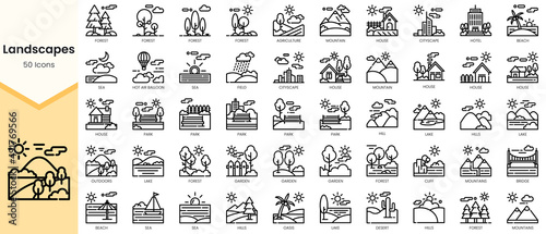 Set of landscapes Icons. Simple Outline style icons pack. Vector illustration