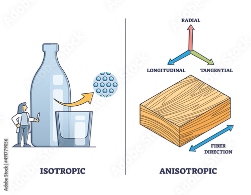 Isotropic vs anisotropic material substance properties outline diagram. Labeled educational matter radial, longitudinal, tangential and fiber direction characteristics explanation vector illustration.