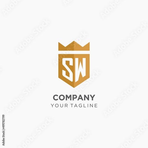 Monogram SW logo with geometric shield and crown, luxury elegant initial logo design