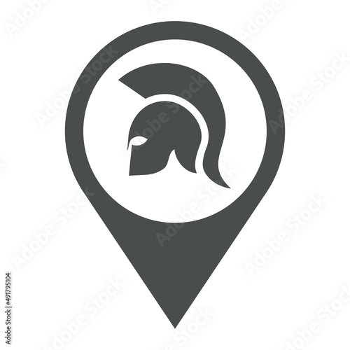 Icono plano silueta de casco de guerrero espartano en puntero de posición en color gris