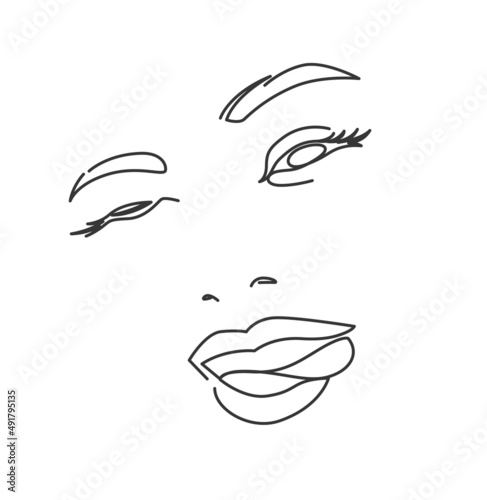 The abstract face of a pretty flirty woman with a smile linear drawing. Beauty woman winks and shows tongue portrait minimalistic style.