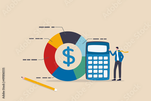 Cost structure, expense and income balance calculation, revenue, debt and investment analysis, money management, budget or saving concept, businessman with calculator with pie chart of cost structure.