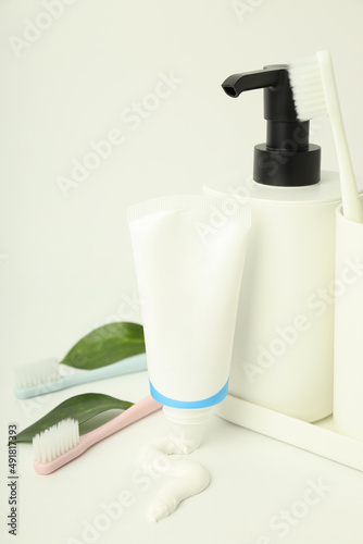 Concept of tooth or oral care on white table
