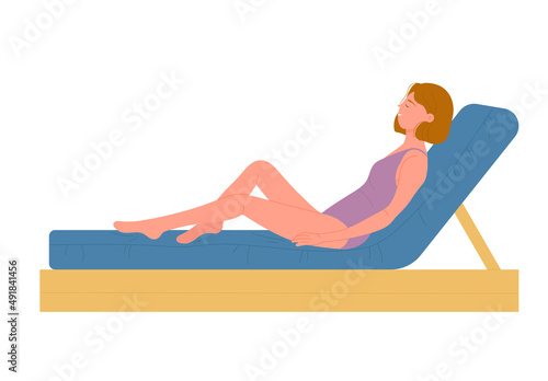 Young lady sunbathing on sea lounger chair. Relaxing and tanning on summer beach cartoon vector illustration