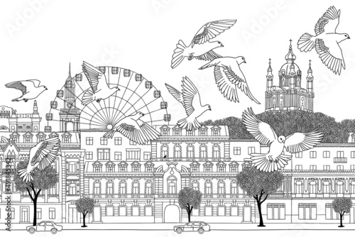 Peace doves flying over Kyiv, Ukraine. Ink illustration of Kyiv's skyline, with historical houses of the Podil neighbourhood, the ferris wheel at Kontraktova Square and St. Andrew's church