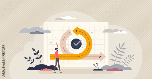 Scrum sprint methodology as agile development process tiny person concept. Software integration and implementation process plan with task planning strategy vector illustration. Effective work tool.