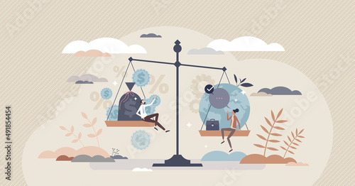 Business ethics as company moral aspect over finance tiny person concept. Correct social responsibility and respect for nature or environment vector illustration. Cooperative justice policy principles