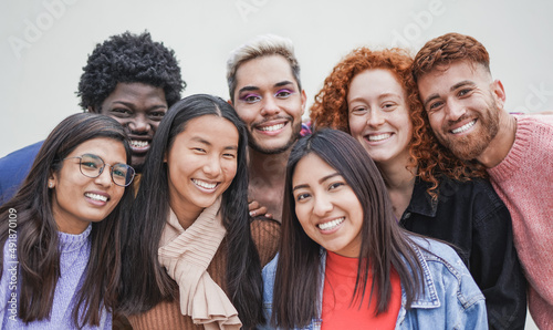 Group of young multiracial people smiling on camera - Friendship and diversity concept