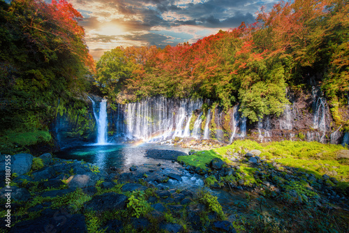 Shiraito Falls with colorful autumn leaf in Fujinomiya, Shizuoka, Japan.