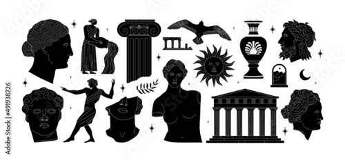 Set of ancient greek statue, classic vintage monument shapes in black and white. Greece culture antique illustration collection. Historical flat cartoon drawing bundle.