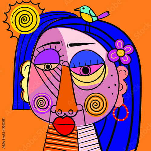 Colorful people face, abstract,cubism,line art, decorative vector illustration.