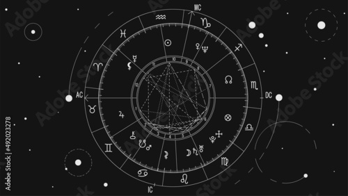 The scheme of the natal chart against the background of the starry sky, the diagram of the signs of the zodiac and the astrological forecast