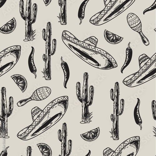 Cactus and sombrero seamless pattern