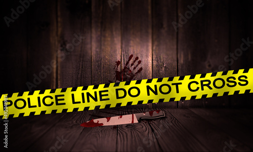 Crime Scene with Police Line Tape. Do Not Cross Caution Sign. Wood Vintage Interior with Bloody Knife and Blood Splash Hand. Science Police Investigation and Murder Justice 