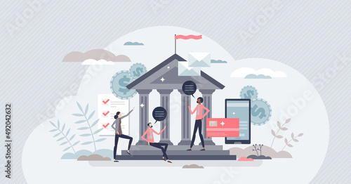 Government officials and national public building workers tiny person concept. Democratic community labor work in federal house vector illustration. Legal finance and economic ministry bank workers.