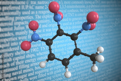 Molecular model of trinitrotoluene, 3D rendering