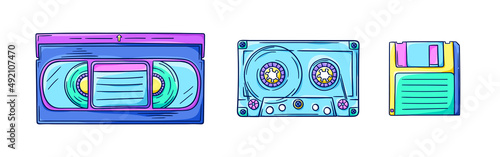 Floppy disk, audio cassette and videotape illustration. Retro diskette, music and video cassettes. Retro storage technology. 90s style vector. Nostalgia for the 90s.