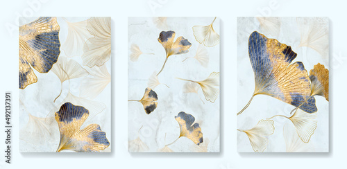 Art background with golden and blue gingko leaves in art line style. Botanical print with watercolor textures for wallpaper, decor, packaging design, interior design