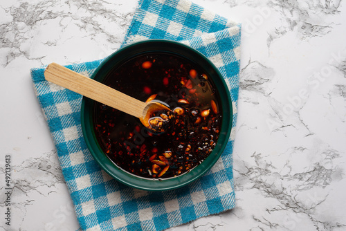 Chili oil sauce with sesame and peanuts called macha. Mexican food