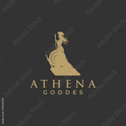 Athena minerva greek roman goddess with shield and spear logo design