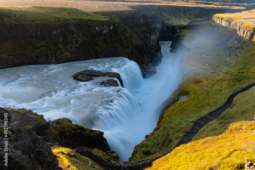 Top view of magestic gullfoss waterfall long exposure
