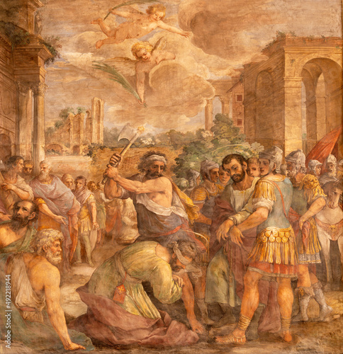 ROME, ITALY - AUGUST 30, 2021: The fresco of martyrdom of St. Cosmas and Damian in the church Basilica dei Sancti Cosma e Damiano by Francesco Allegrini (1587 – 1663).