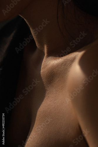 Bare neck, shoulders and collarbones of a beautiful woman. Beauty and details of the female body. Youth concept.