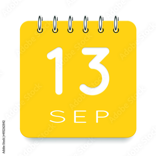 13 day of the month. September. Cute yellow calendar daily icon. Date day week Sunday, Monday, Tuesday, Wednesday, Thursday, Friday, Saturday. Cut paper. White background. Vector illustration.