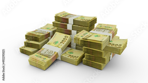 Stack of Malawian kwacha notes. 3D rendering of bundles of banknotes