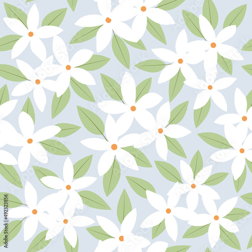 Seamless floral patternof white jasmine flower with green leaf on soft blue background vector.