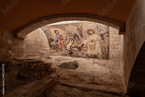 The mosaic on a religious theme in the lower hall of the St. Josephs Church in Nazareth, northern Israel