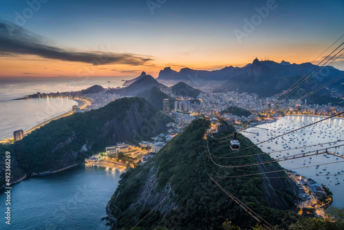 Rio de Janeiro cityscape with famous Sugarloaf Cable Car at sunset in Rio de Janeiro, Brazil.