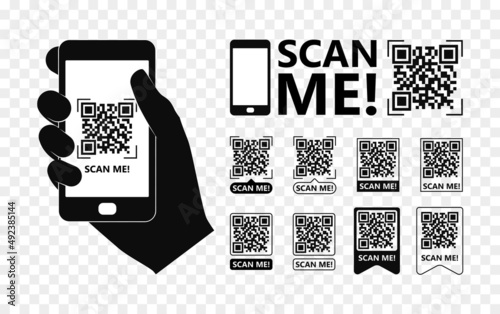 QR code frame set for smartphone. Contactless payment. Scan me template. Hand with smartphone. Vector EPS 10