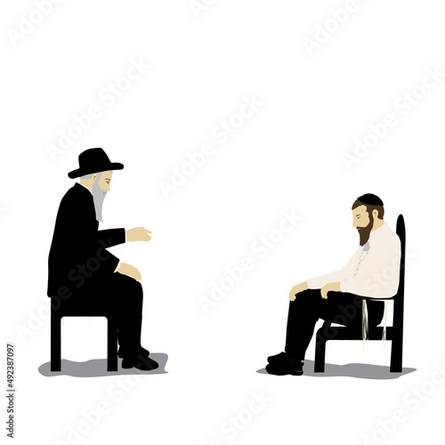 Shiva - Vector illustration of a Jew sitting on a low chair mourning his relative. His shirt is torn. In front of him on an ordinary chair sits a rabbi who comforts him. Flat colorful art painting.