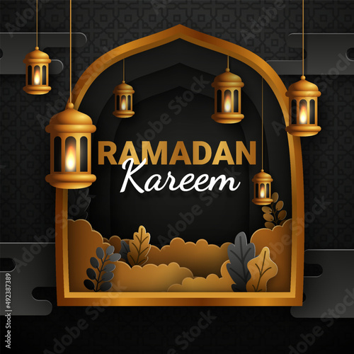 Ramadan kareem paper cut vector. Banner or poster with lantern and cloud ornament, suitable for celebrating ramadan events.