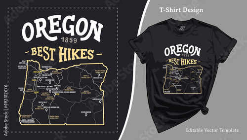 Oregon National Park Trails Map T-Shirt Design. Oregon Attraction Tee Template