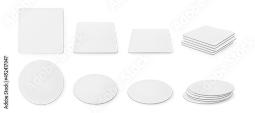 White paper coasters for beer mug in top and side view. Square and round shapes beermat stack. Bierdeckel for cup or tankards. Blank cardboard mats different shapes realistic 3d vector mockup.