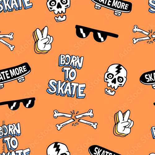 Hand-drawn skateboarding elements seamless pattern. Skate background. Skateboarding doodle illustration. Vector illustration. Seamless pattern with sunglasses, skateboards, hats, skulls etc.