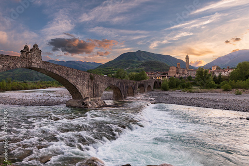 Bobbio and Bridge of Devil at sunset. Emilia Romagna, Italy