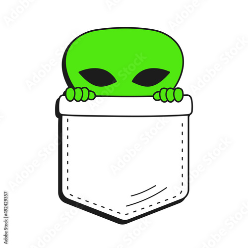 Cute funny alien hide in pocket t-shirt print.Vector cartoon doodle line style character logo illustration design.Isolated on white background. Funny alien print for pocket t-shirt,clothing concept