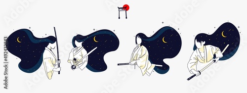 Female samurai vector illustration collection
