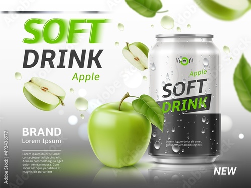 Apple soda in can banner. Realistic aluminium container with fruit sparkling water. Advertisement poster. Soft drink. Carbonated lemonade packaging with condensation drops. Vector concept