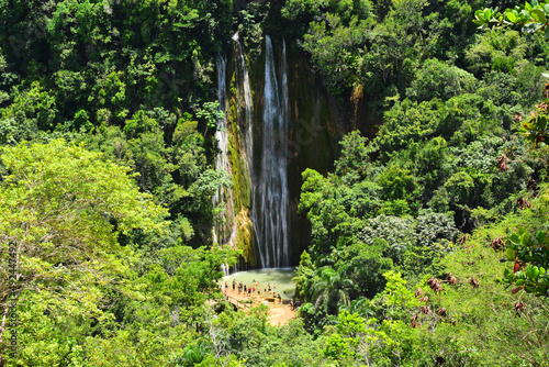 Panoramic view of waterfall Salto el Limon, Cascada el Limon in Dominican Republic