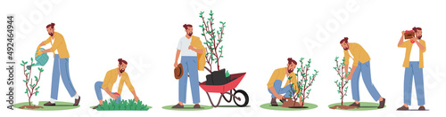 Set Gardening Works, Reforestation, Nature and Ecology Concept. World Environment Day, Characters Planting Seedlings
